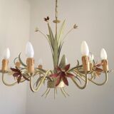Italian vintage metal chandelier with 8 lights, Mathias bouquet, pink flowers.
