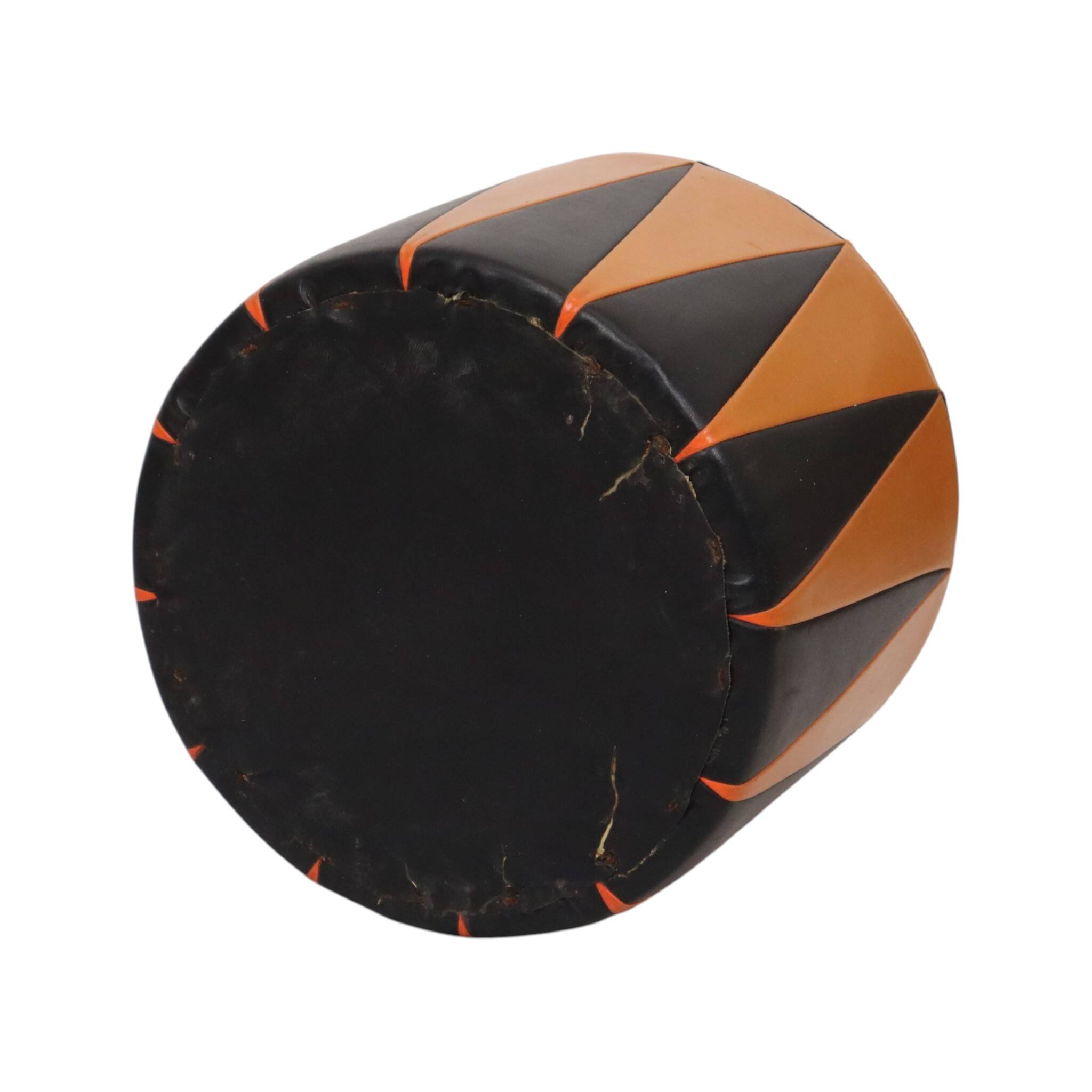 Round Vintage Pouf, Orange and Black Faux Leather (Skai), 1960s