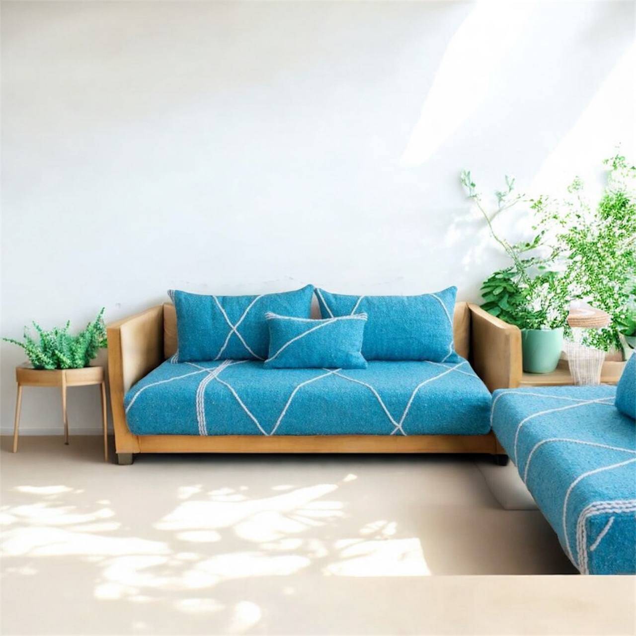 Sky Serenity – Moroccan Znafi Floor Lounge in Sky Blue - Handwoven Bejaad