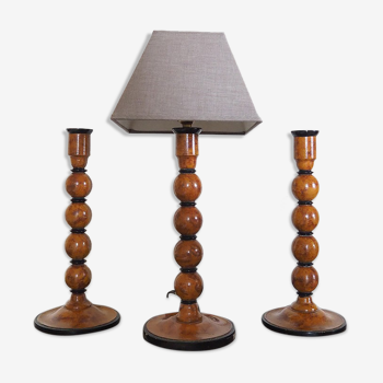 Set composed of a table lamp and two Roche Bobois candle holders, 70s