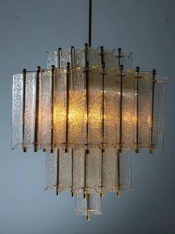 Chandelier in brass and structured ice glass, 1950s, Austria