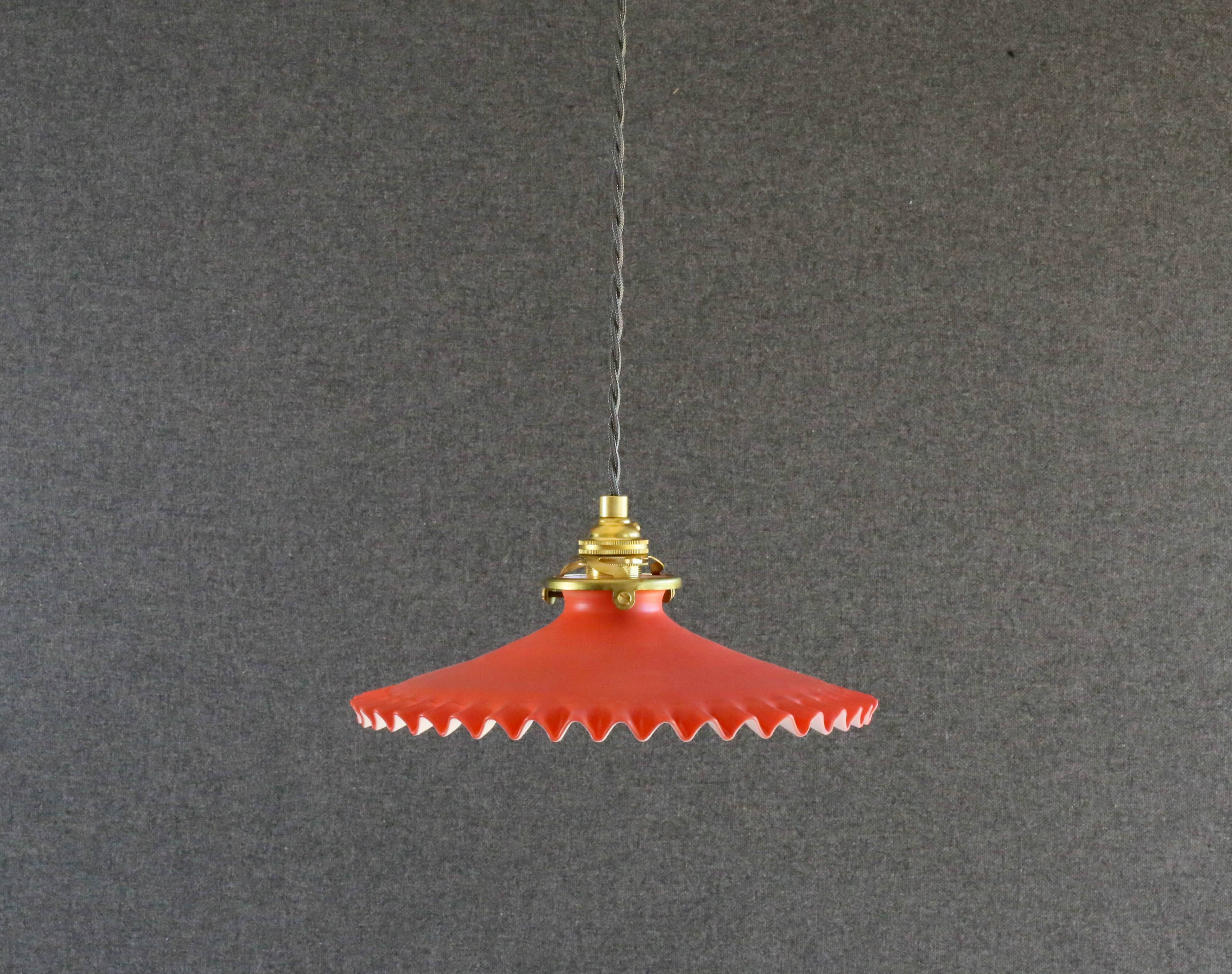 Pendant light in old glass painted red and white. New socket and cable.