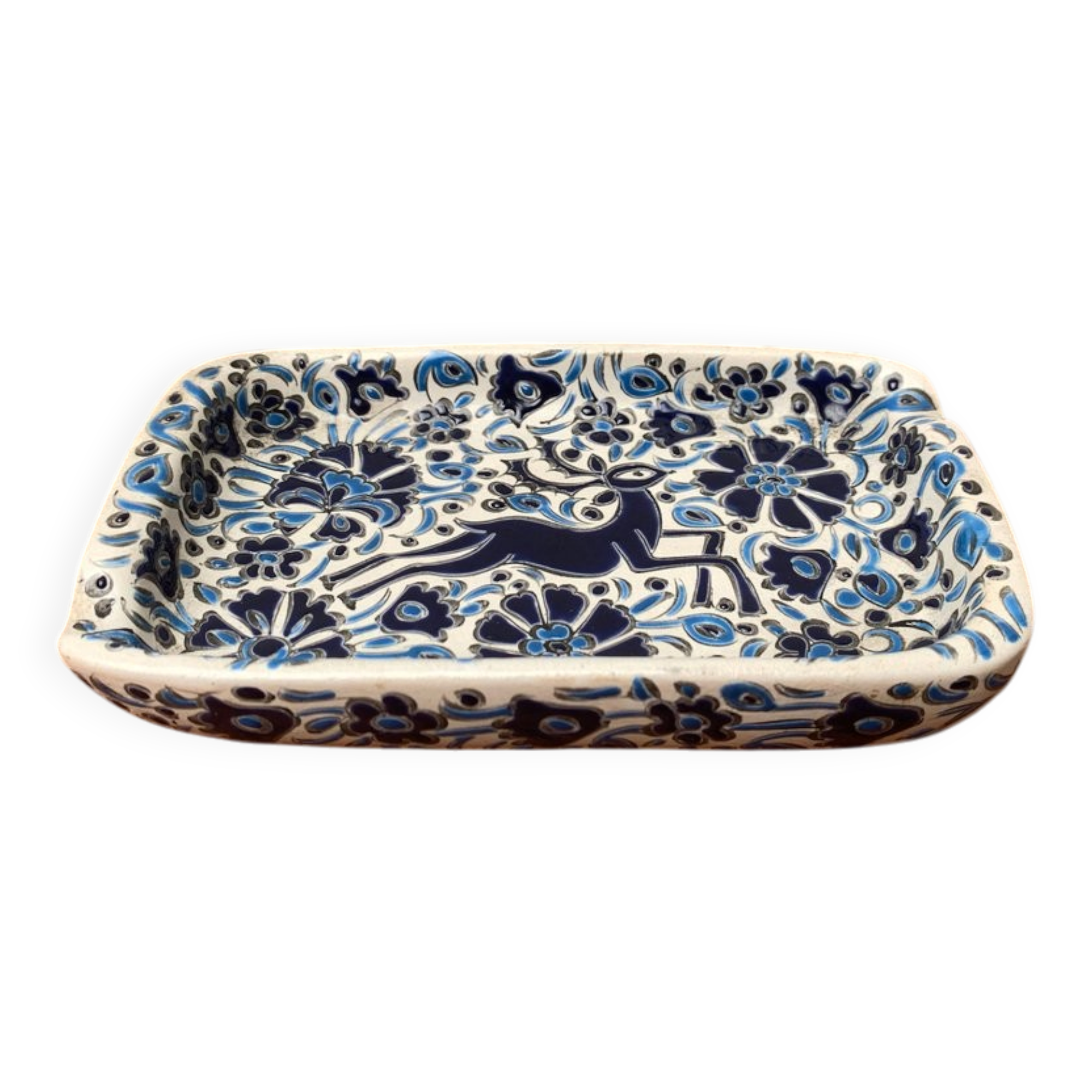 Vintage handmade blue ceramic ashtray with deer and flower ornament from Rodos Ceramics.
