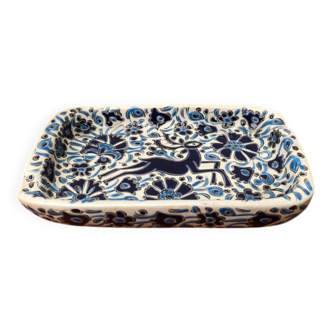 Vintage handmade blue ceramic ashtray with deer and flower ornament from Rodos Ceramics.