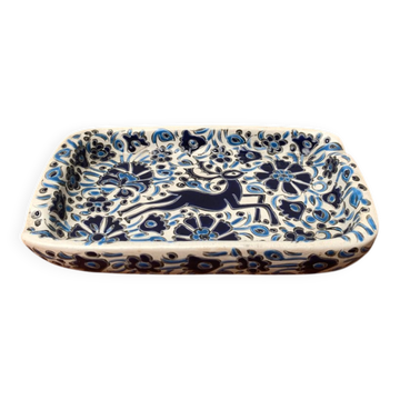 Vintage handmade blue ceramic ashtray with deer and flower ornament from Rodos Ceramics.