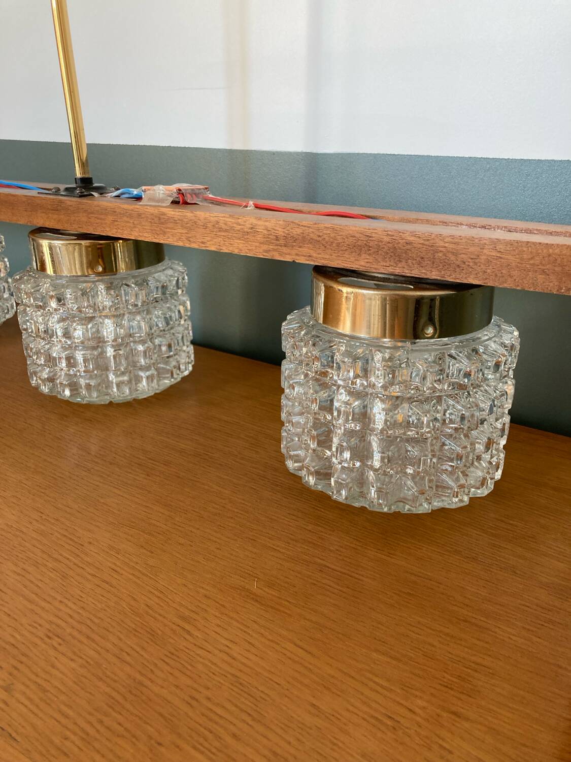 Vintage teak, brass and glass chandelier