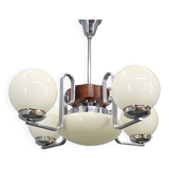 Lustre en chrome, verre et bois des années 1950, Tchécoslovaquie