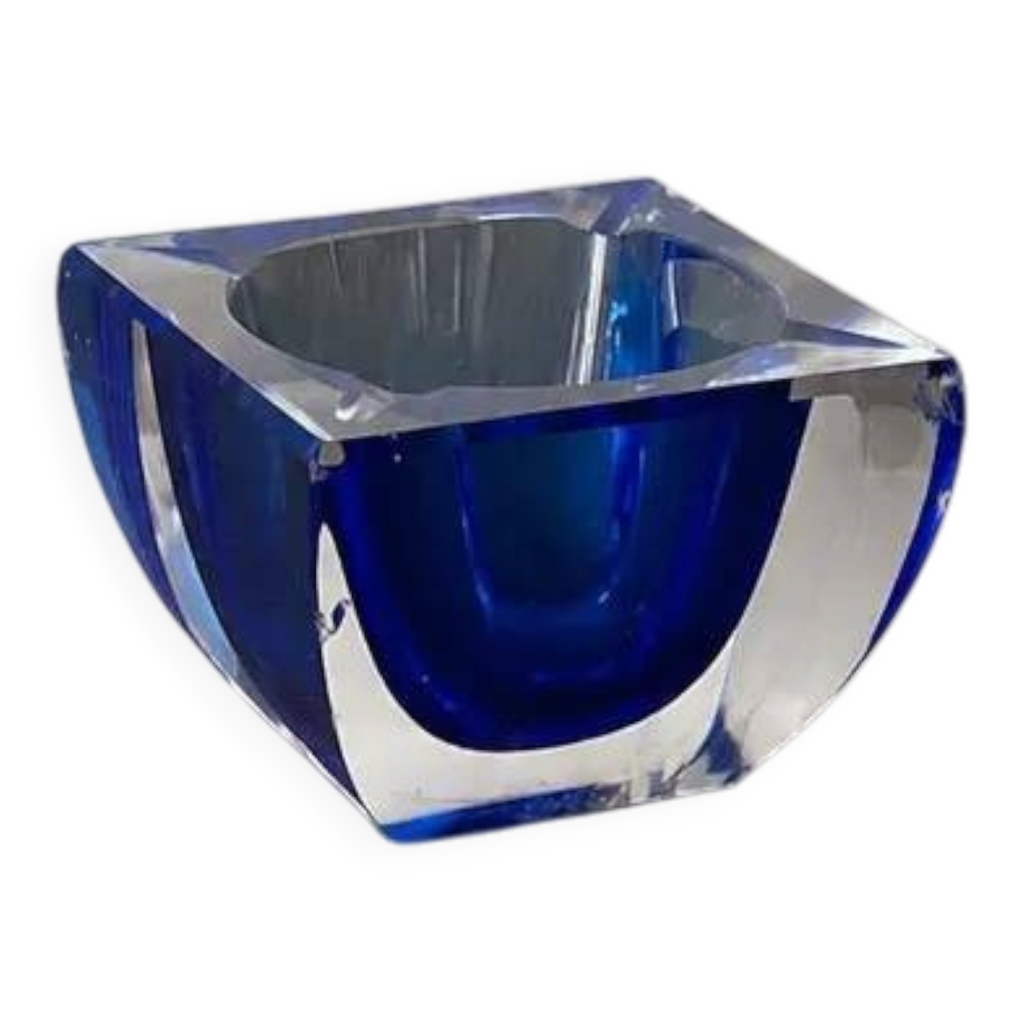Vintage Sommerso glass ashtray in Murano style, square blue shape.