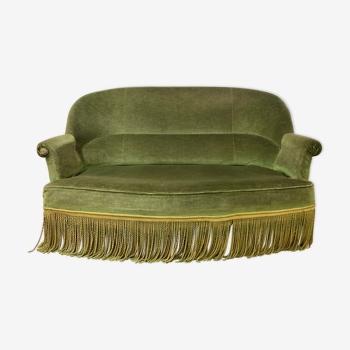 Vintage 2-seater green velvet fringed toad sofa