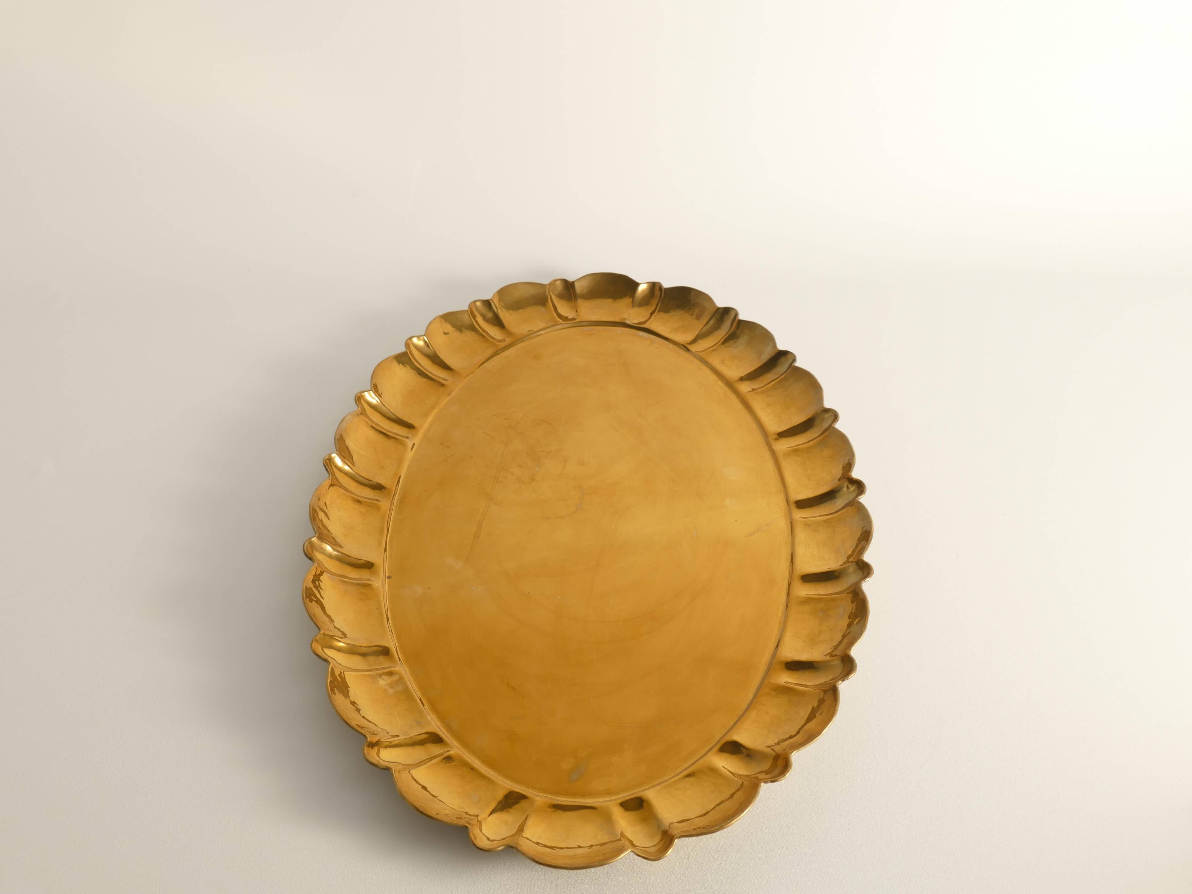 Hollywood Regency Large Oval Brass Tray by Firma Lars Holmström, Sweden 1940's