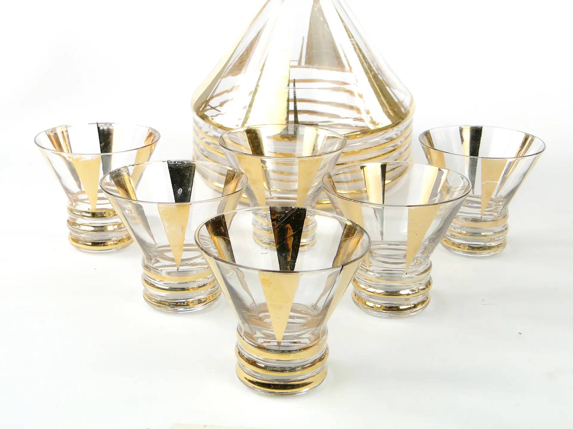 Mid-century modern liqueur set, clear gilded glass, Kamenický Šenov, Czechoslovakia, 1950s
