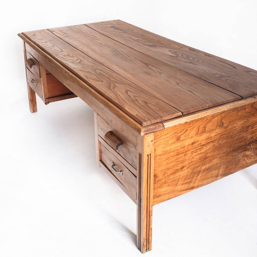 Large vintage two-seater desk. Solid chestnut wood. Restored. France, 1940s