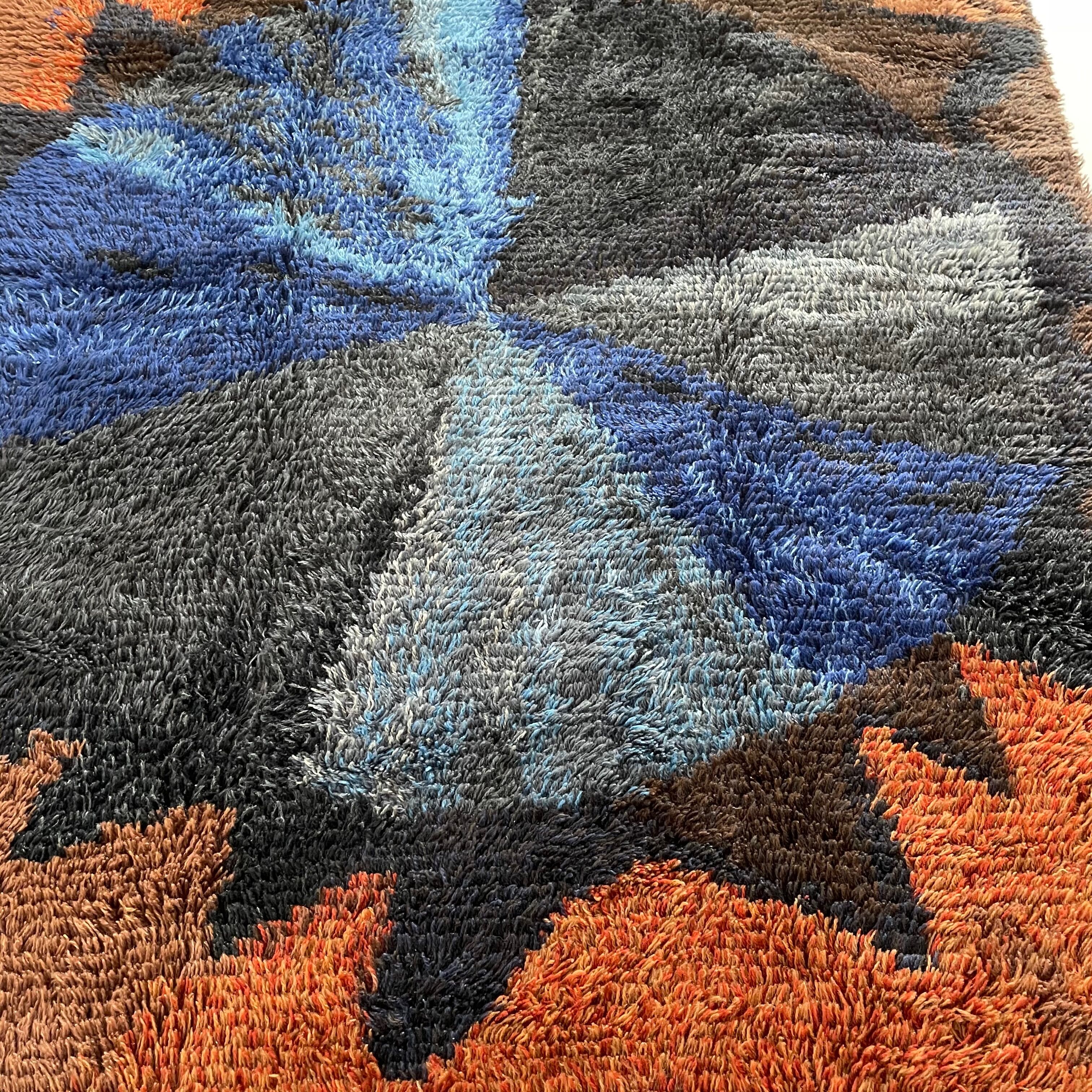 Abstract Scandinavian Multicolor High Pile Rya Rug Carpet, Sweden, 1960s
