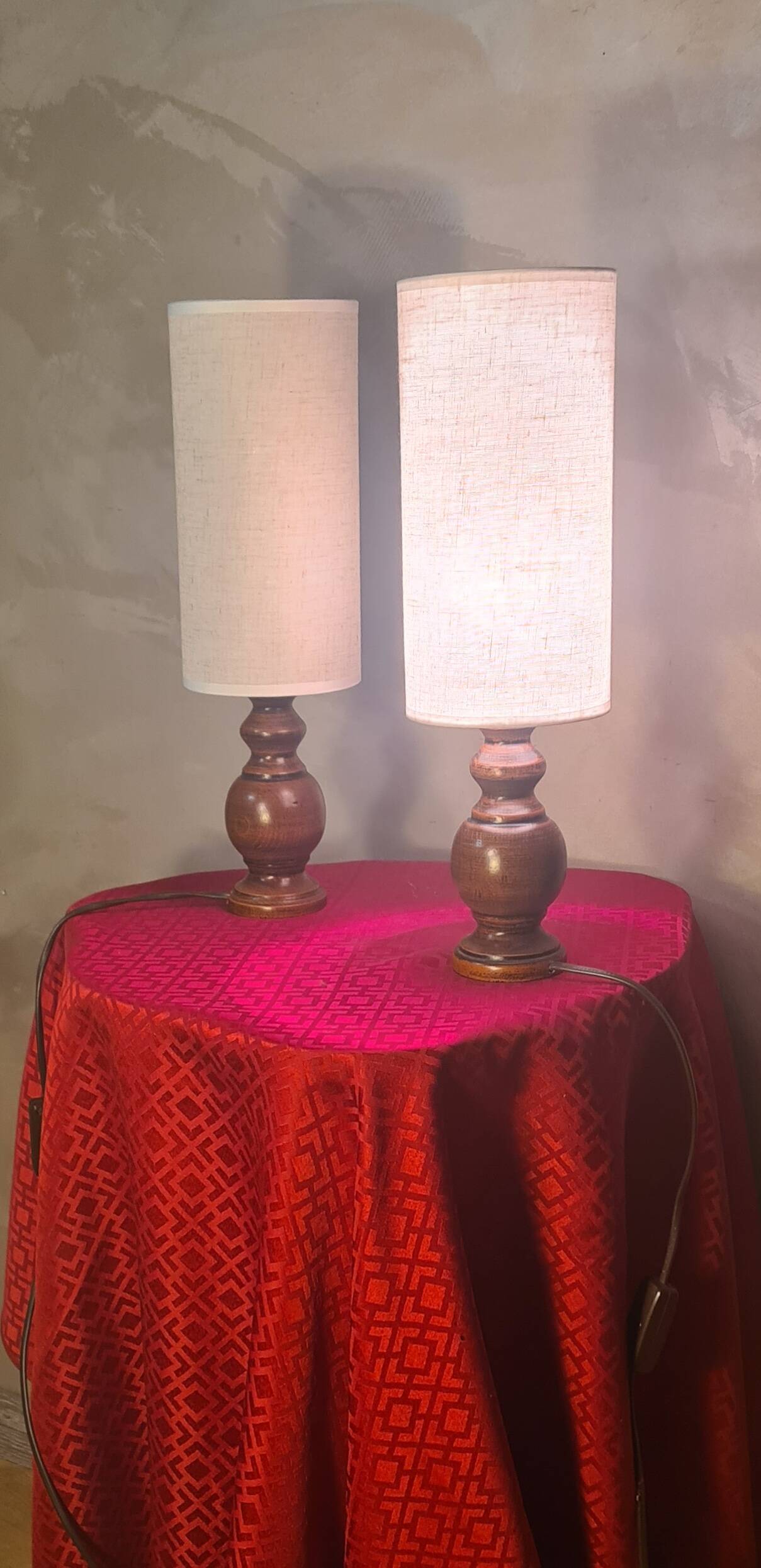 Pair of Scandinavian wooden lamps with linen shades 40x12 electric ok