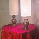 Pair of Scandinavian wooden lamps with linen shades 40x12 electric ok