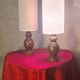Pair of Scandinavian wooden lamps with linen shades 40x12 electric ok