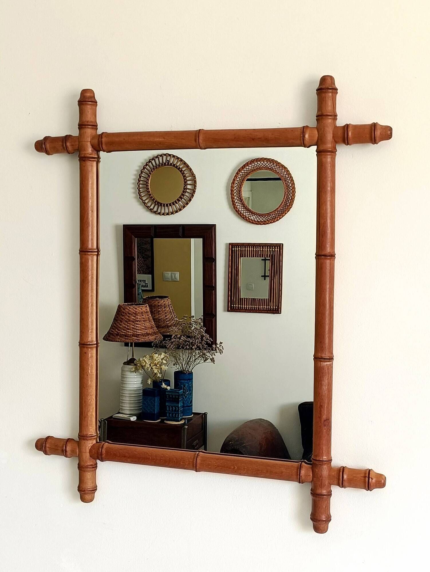 Art Nouveau Faux Bamboo Mirror, 65cm / 25.8", Handmade, Wood, C. 1900
