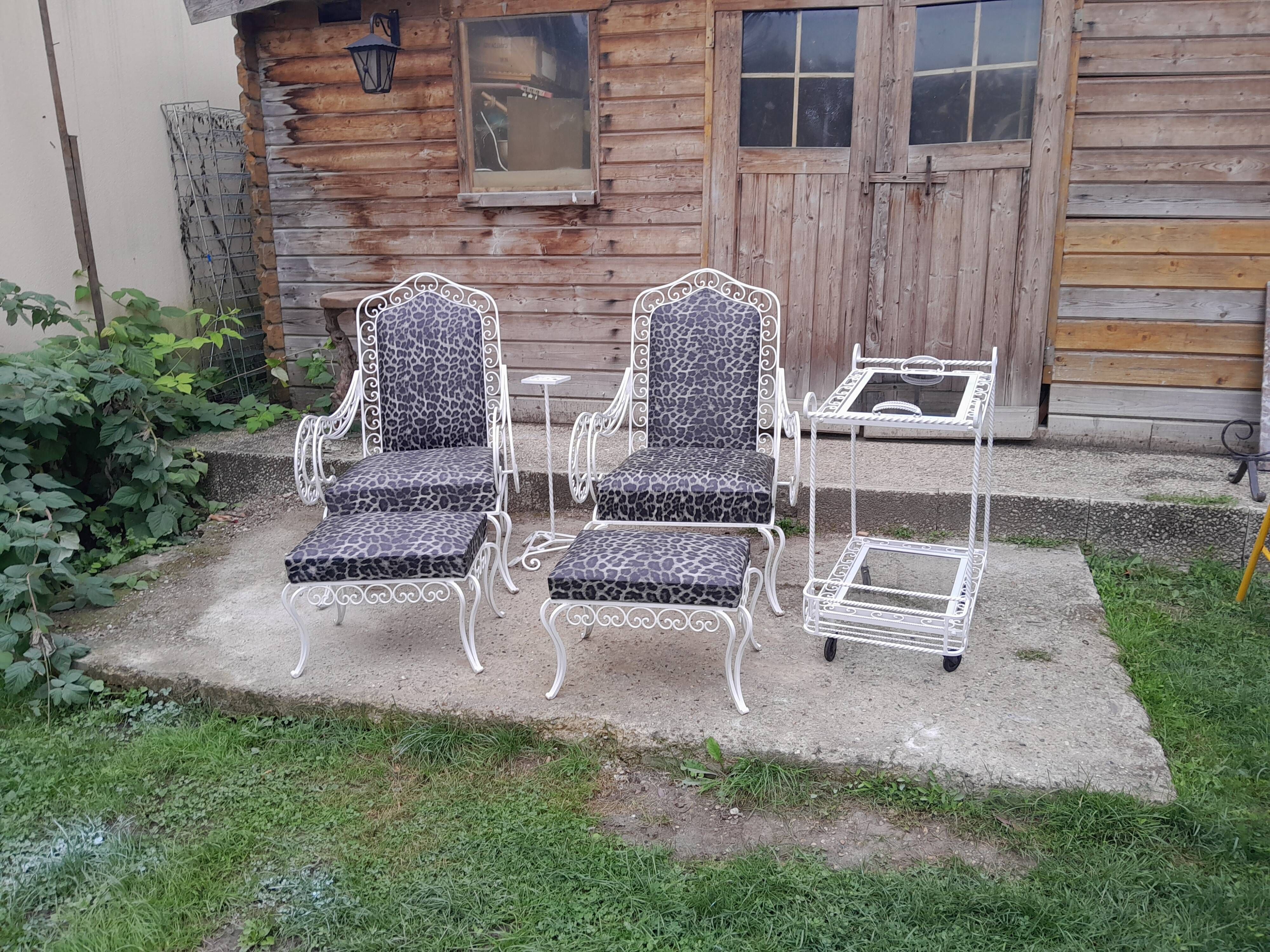 Pair of ottoman armchairs with wrought iron serving trolley, vintage garden, old design
