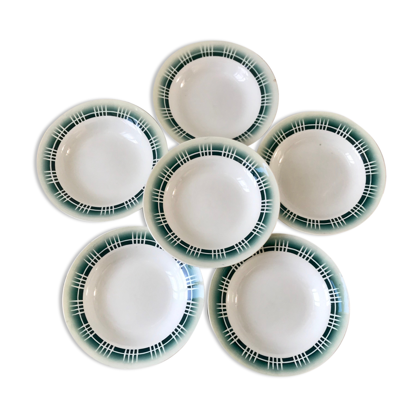 Set of 6 green hollow plates Digoin Sarreguemines 30s