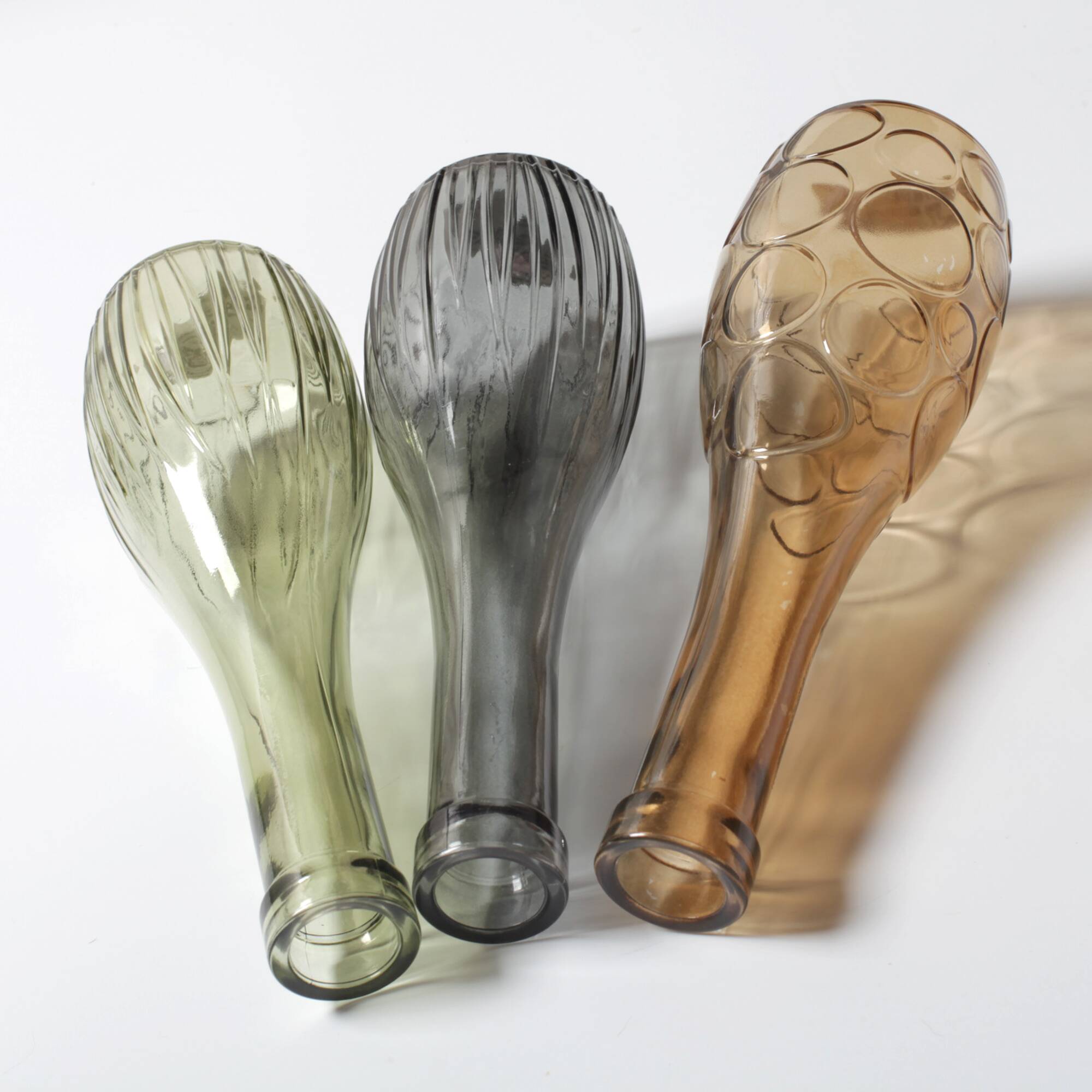 Set of 3 Grey, Green and Amber Glass Vases / Colored Bottles / Ikea / 2000s