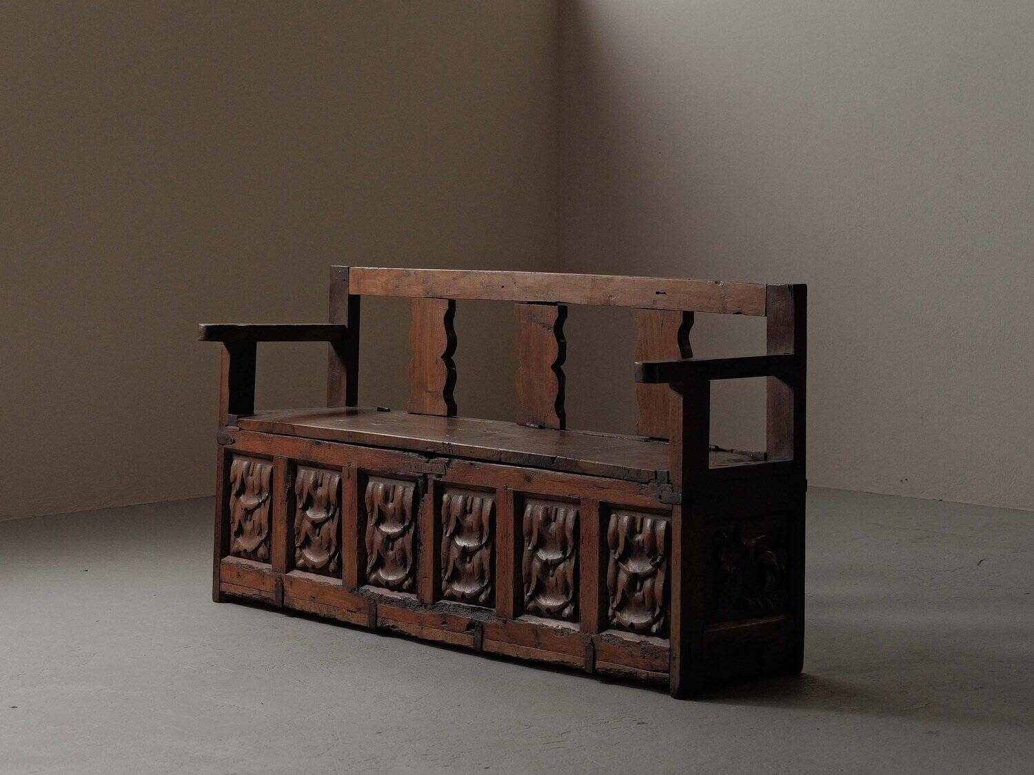 Carved solid wood bench-chest, 18th century