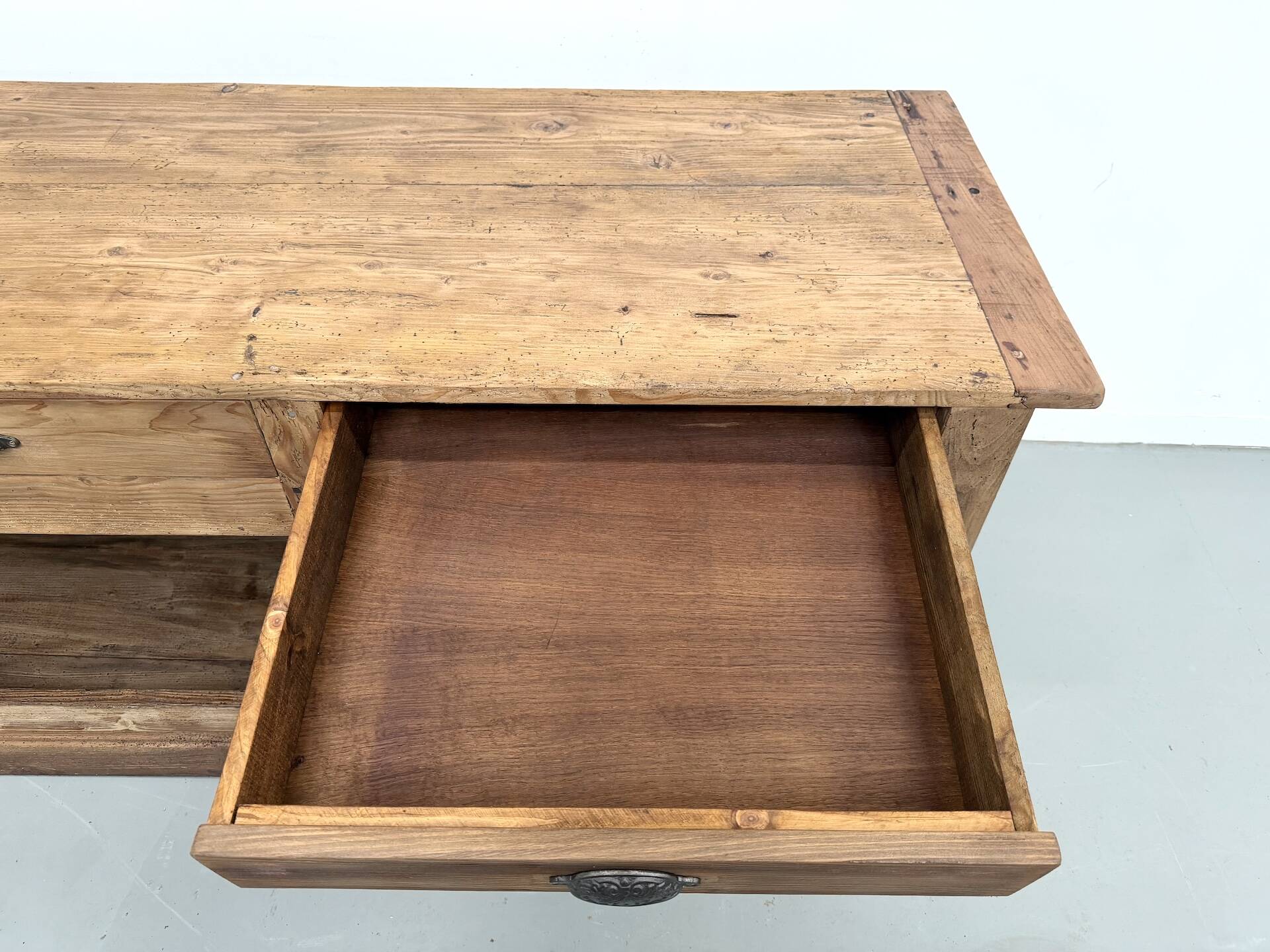 Very large pine trade counter, circa 1920.