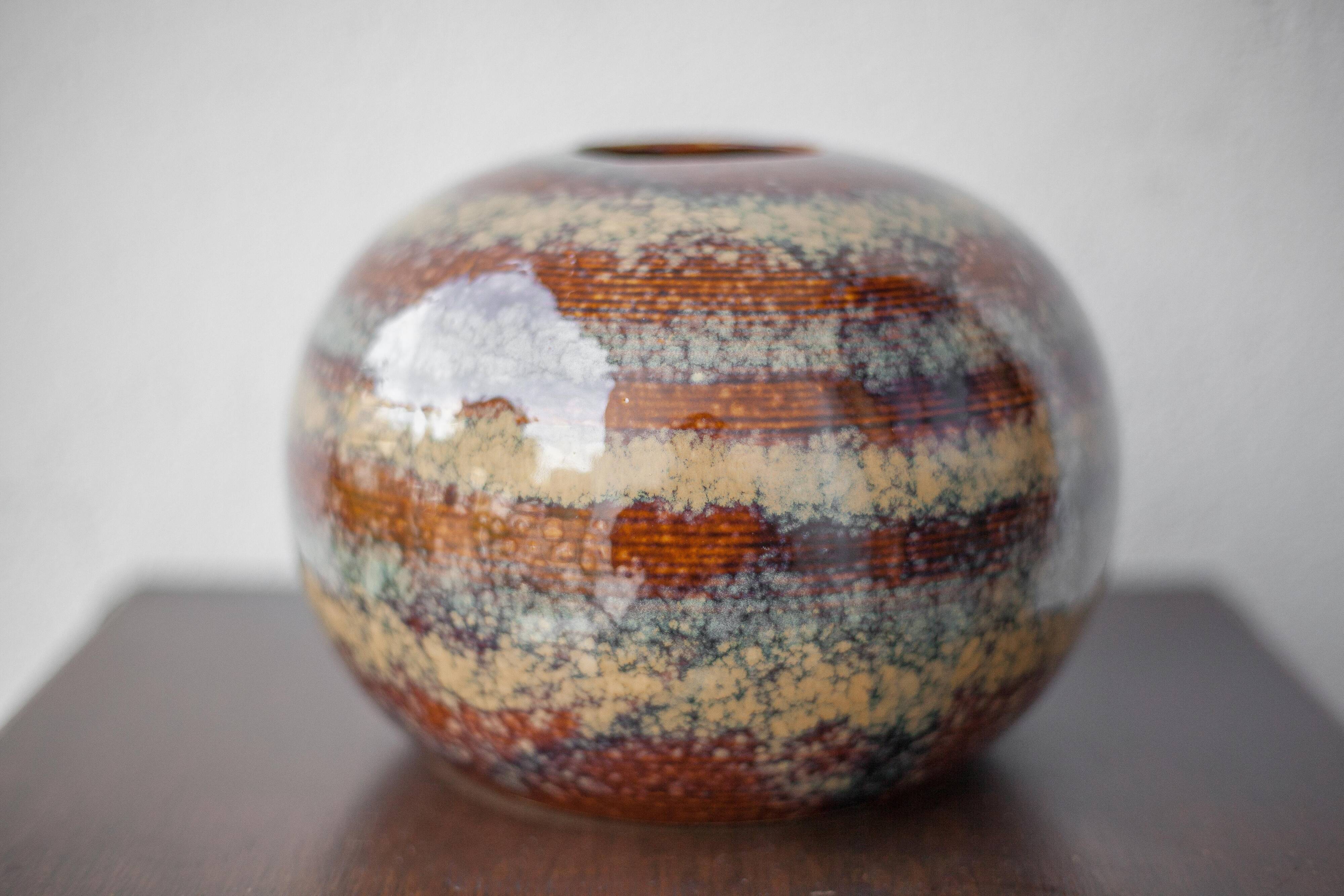 Striated glazed ceramic vase, ball vase, flower pot, interior decoration, collection, 70's