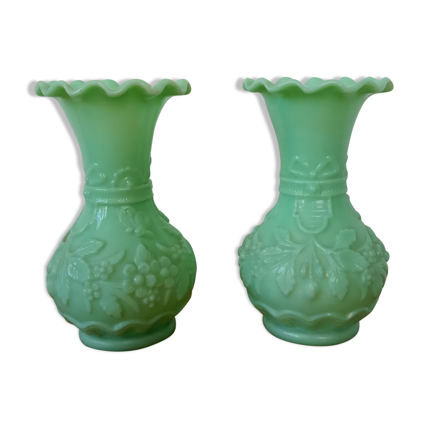 Pair of vintage vases in green opaline