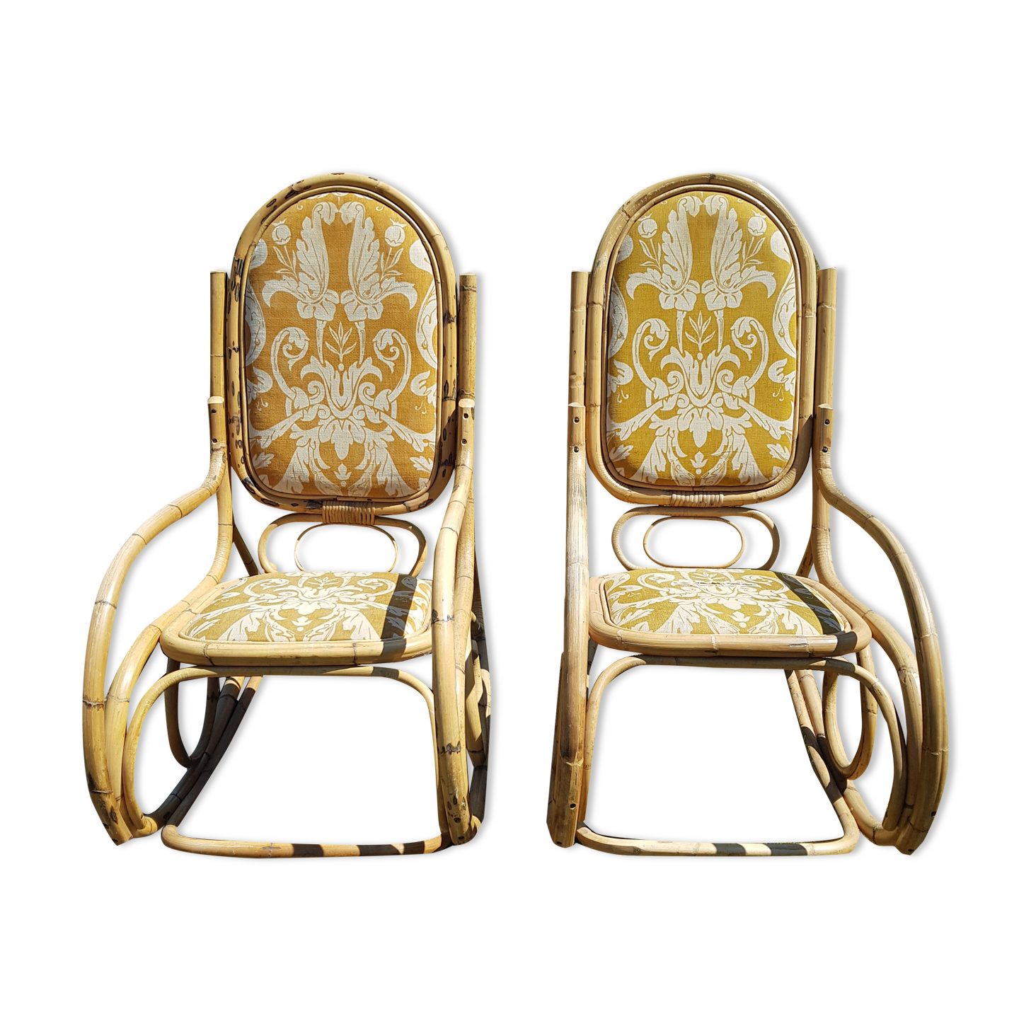 Set of 2 bamboo rocking chairs, yellow fabric with arabesques