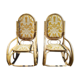 Set of 2 bamboo rocking chairs, yellow fabric with arabesques
