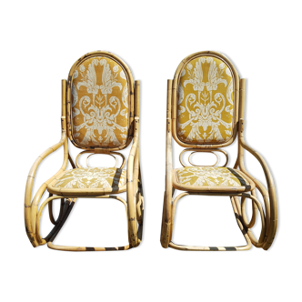 Set of 2 bamboo rocking chairs, yellow fabric with arabesques