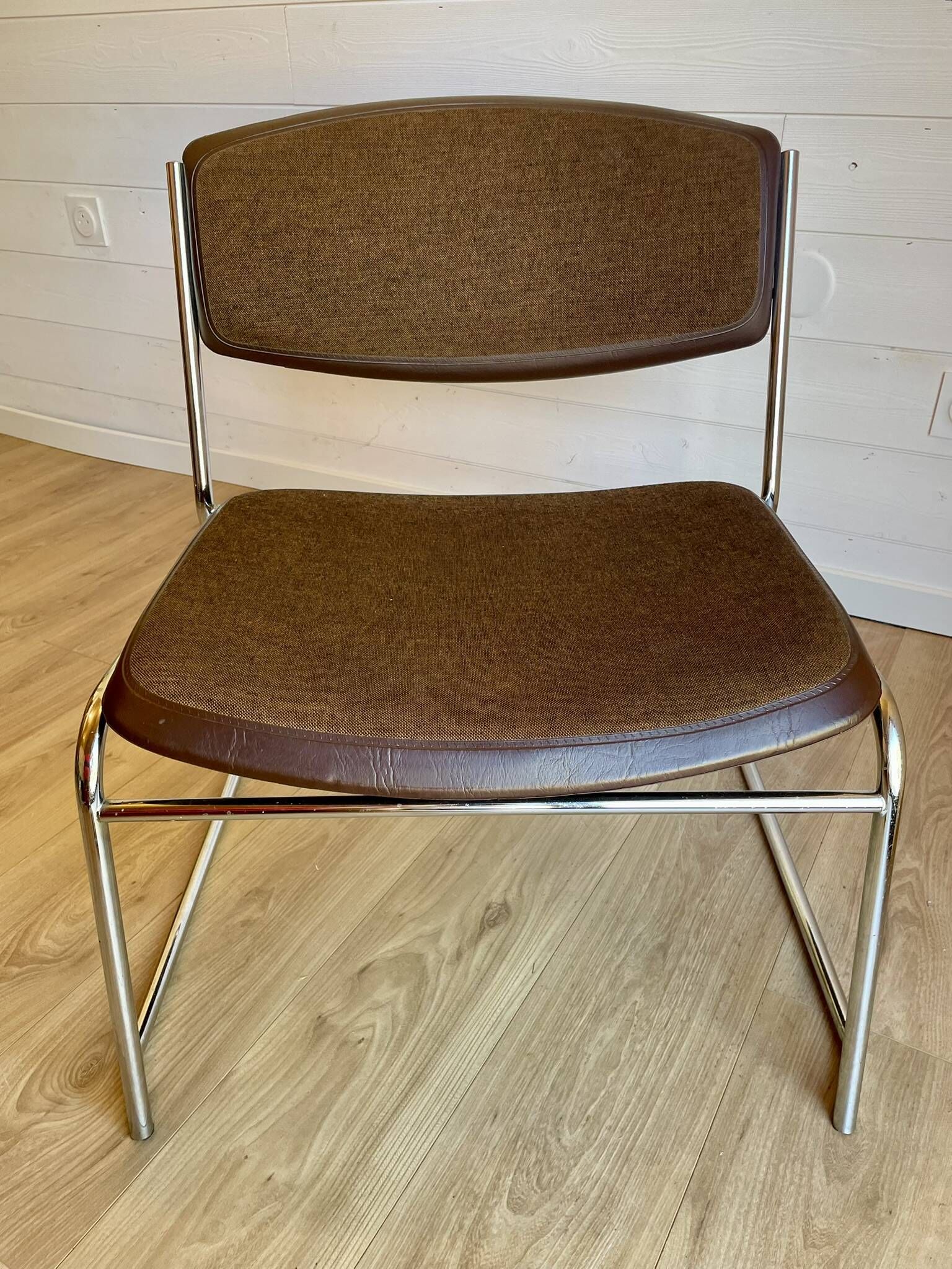 6 chrome sled armchairs Soudexvinyl brown vintage Skaï 70s