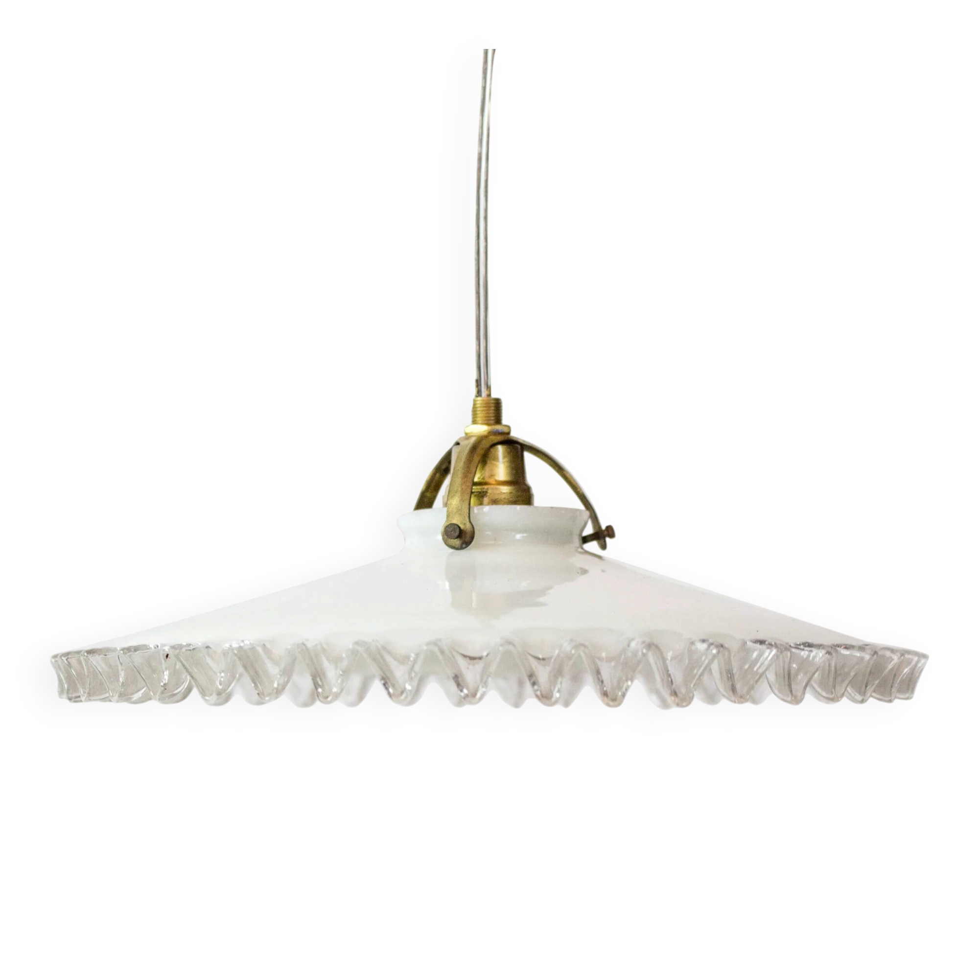 Vintage French suspension in white glass with scalloped edge.
