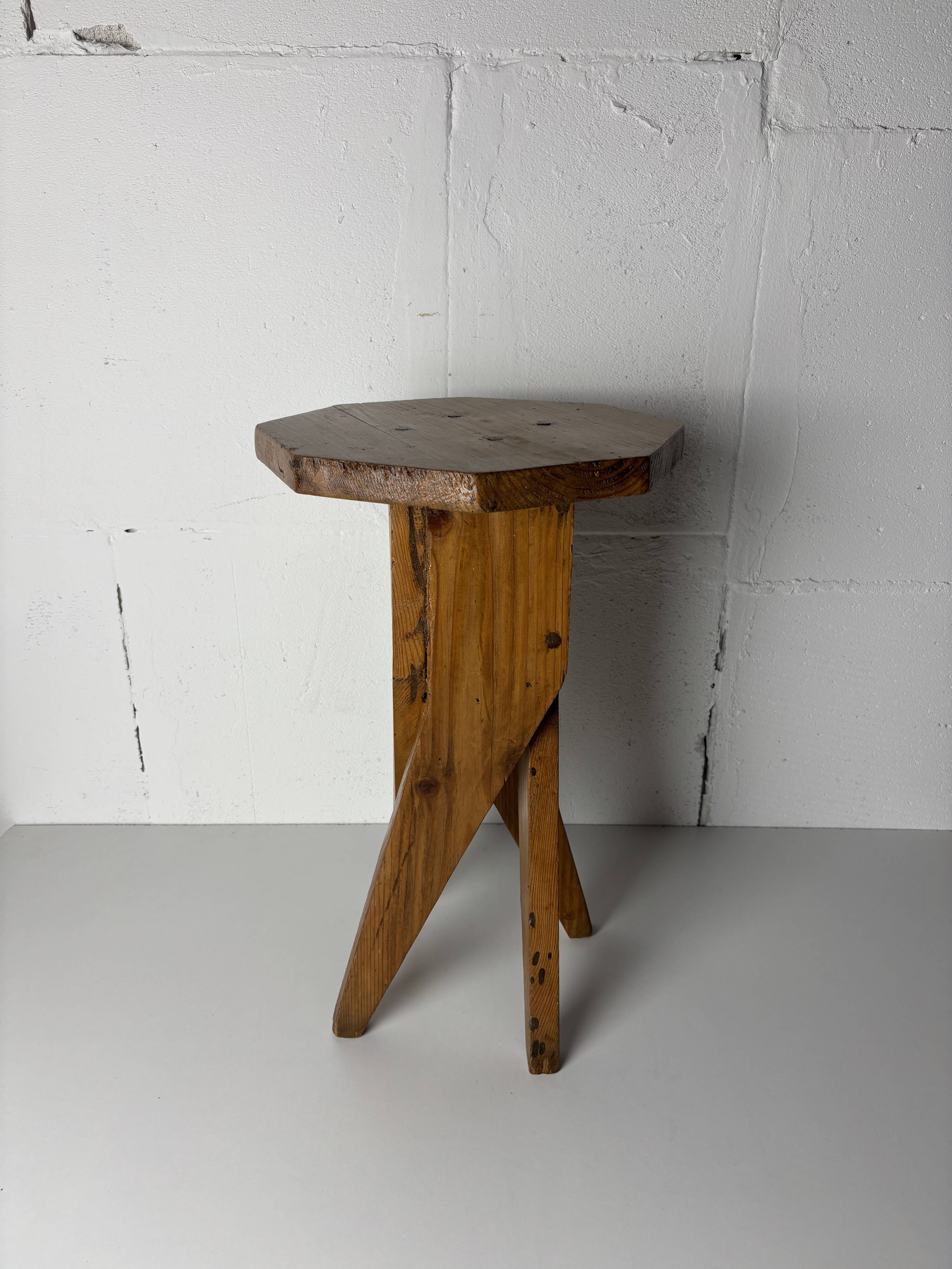 Midcentury brutalist artisanal rustic handcrafted stool, France 1960s