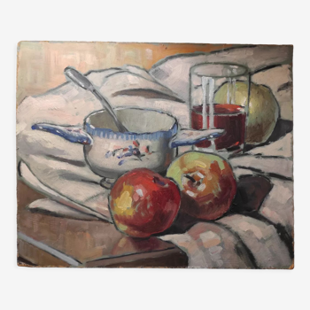 Still life with apples and oil bowl on cardboard 30s