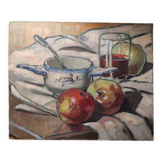 Still life with apples and oil bowl on cardboard 30s