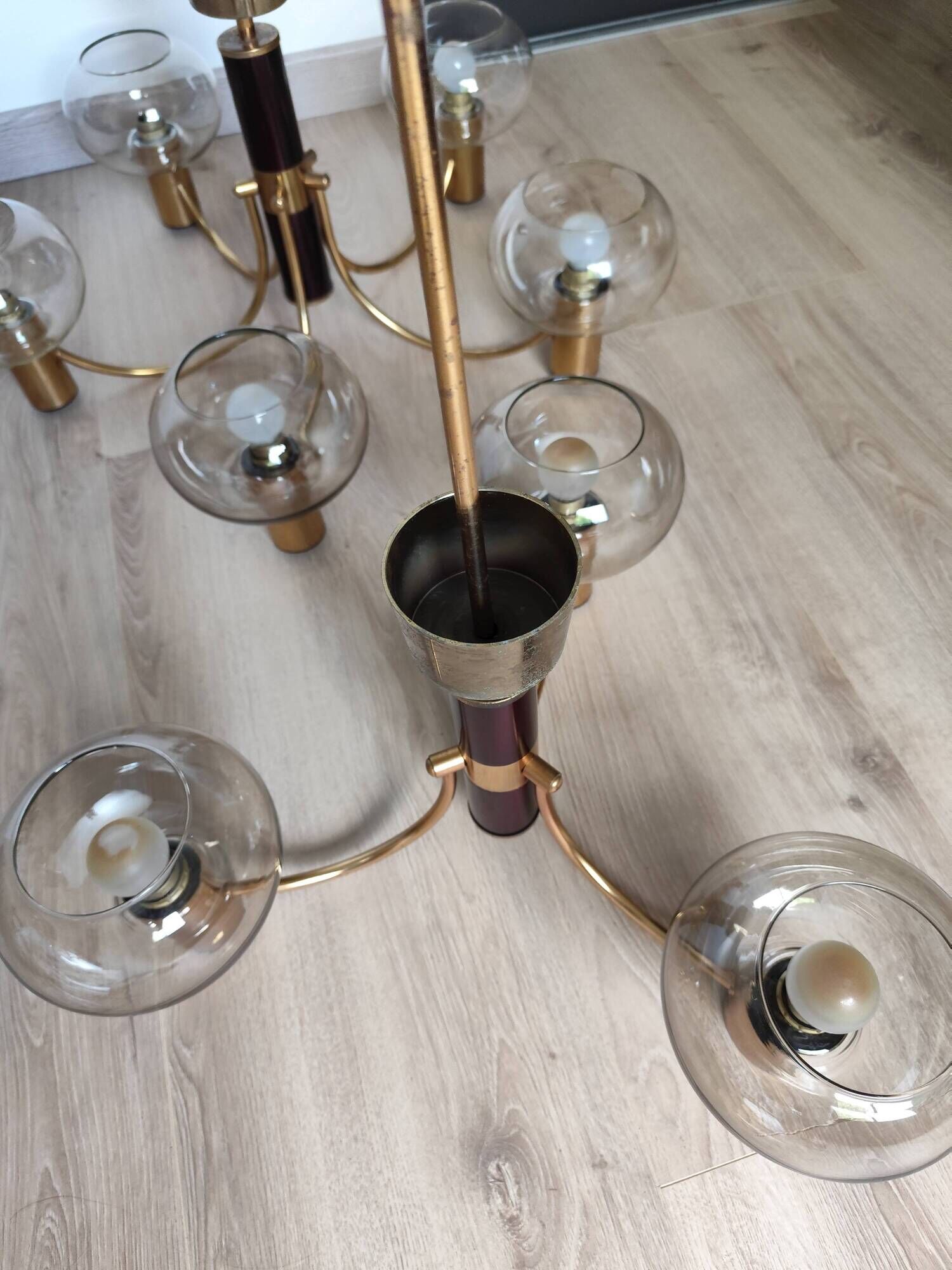 Pair of matching brass and bakelite chandeliers, 3 and 5 branches, 70s milk
