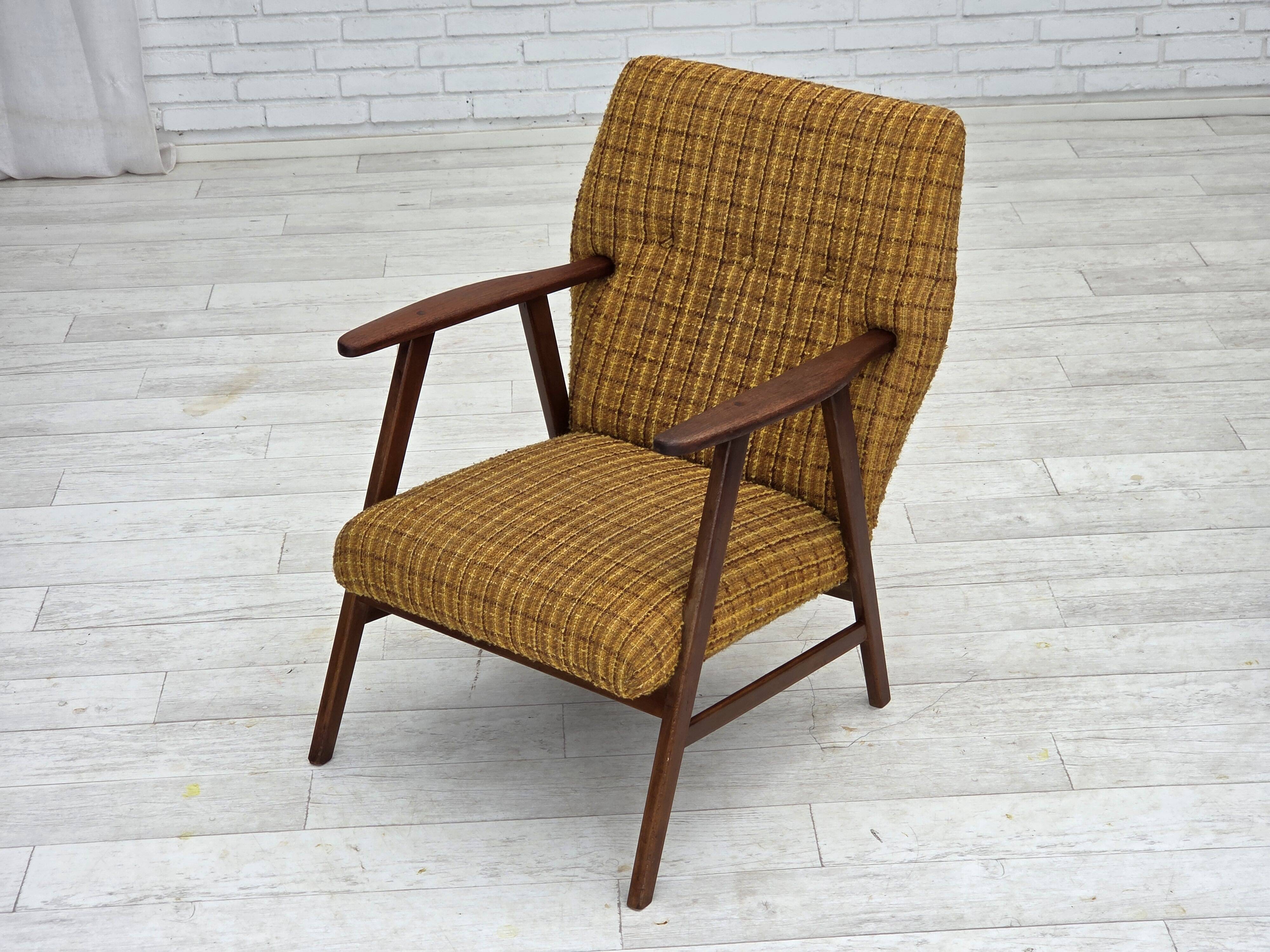 1960s, Danish armchair, furniture wool fabric, teak wood, oak wood.