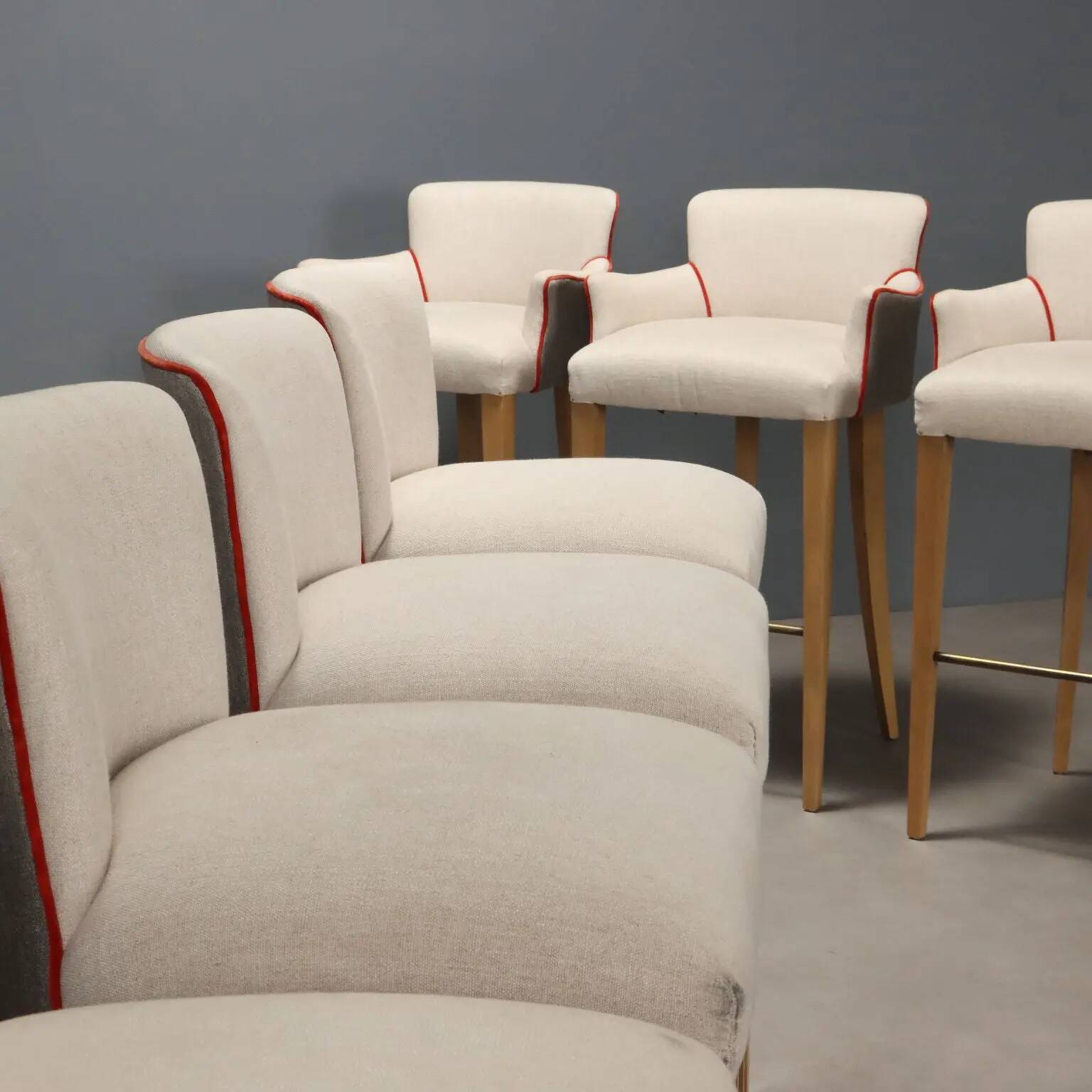 Antique stools by William Yeoward in beech and brass, England, 20th century.