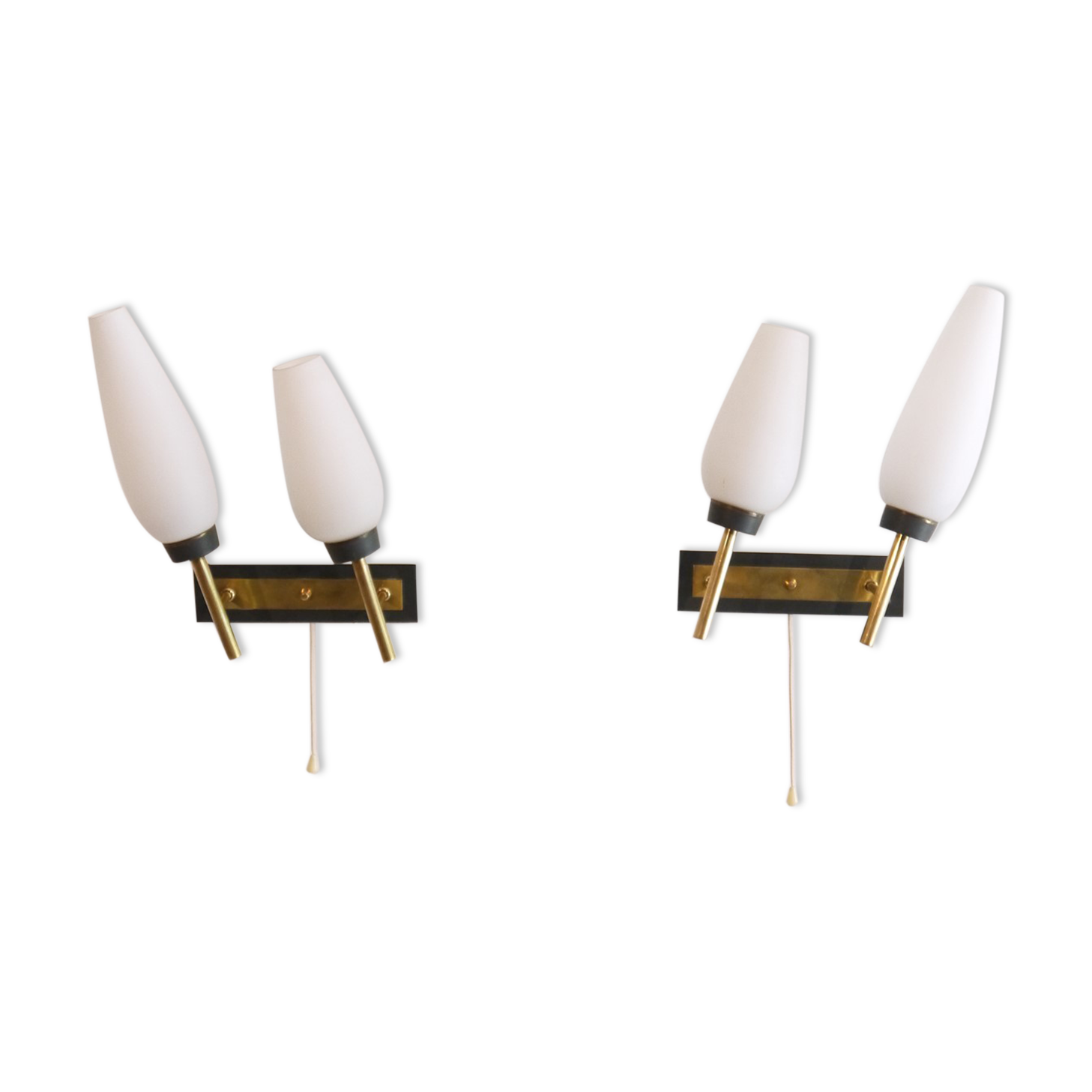 Pair of vintage brass metal and opaline wall lamps 1960
