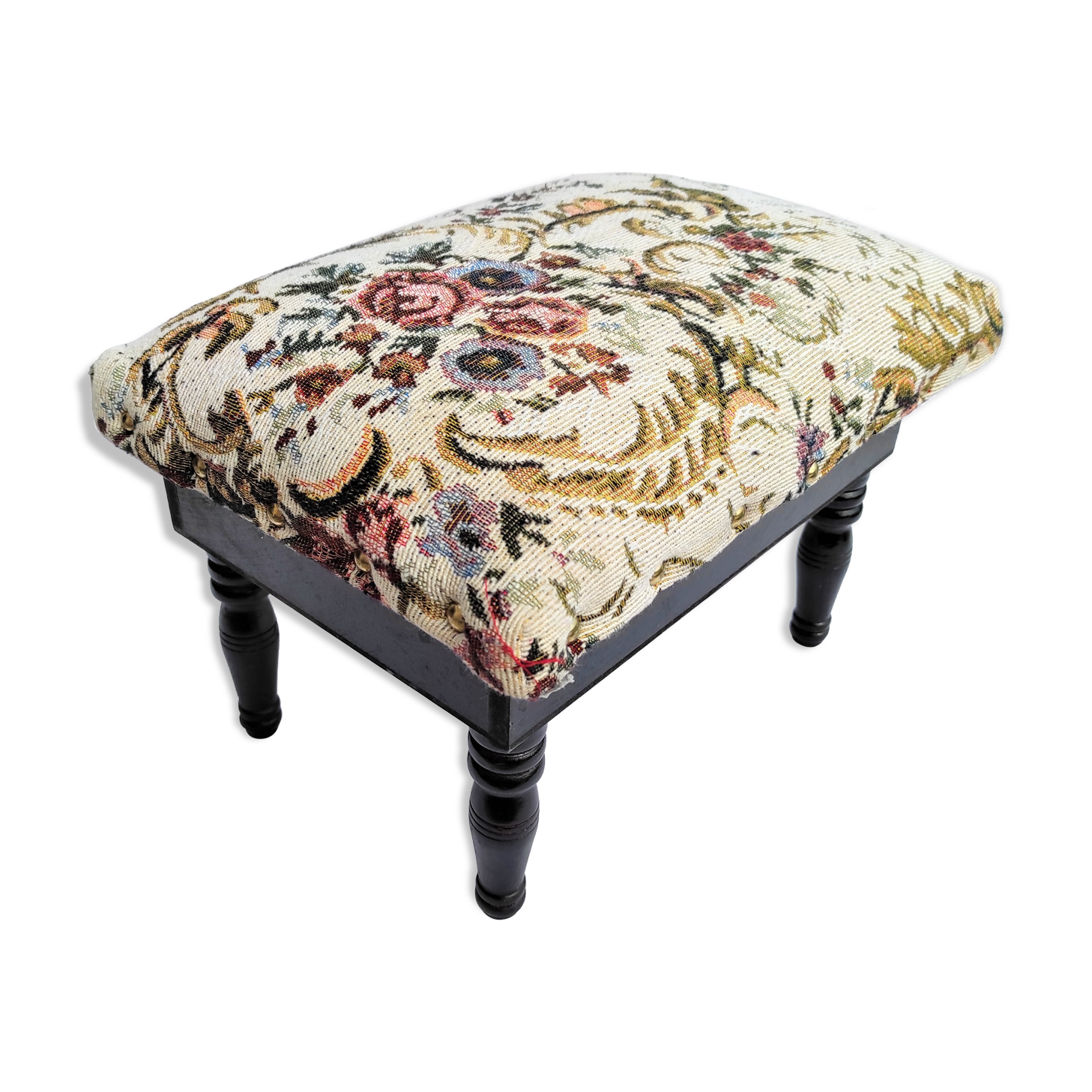 Wooden foot rest with its lid in vintage tapestry