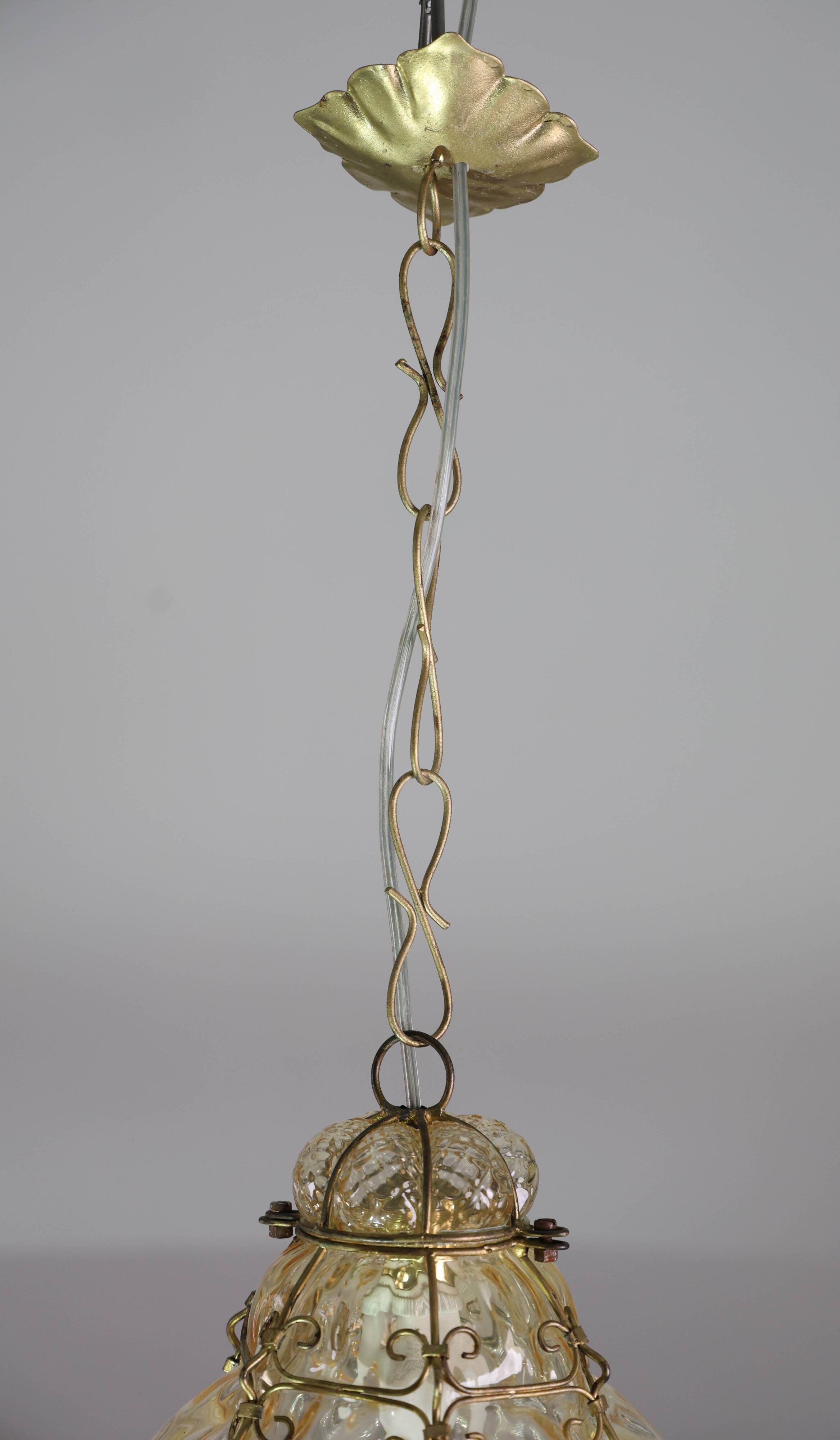 Set of 2 Wonderful Amber Vintage Venetian Lantern, Murano Glass, Italy, 1950s