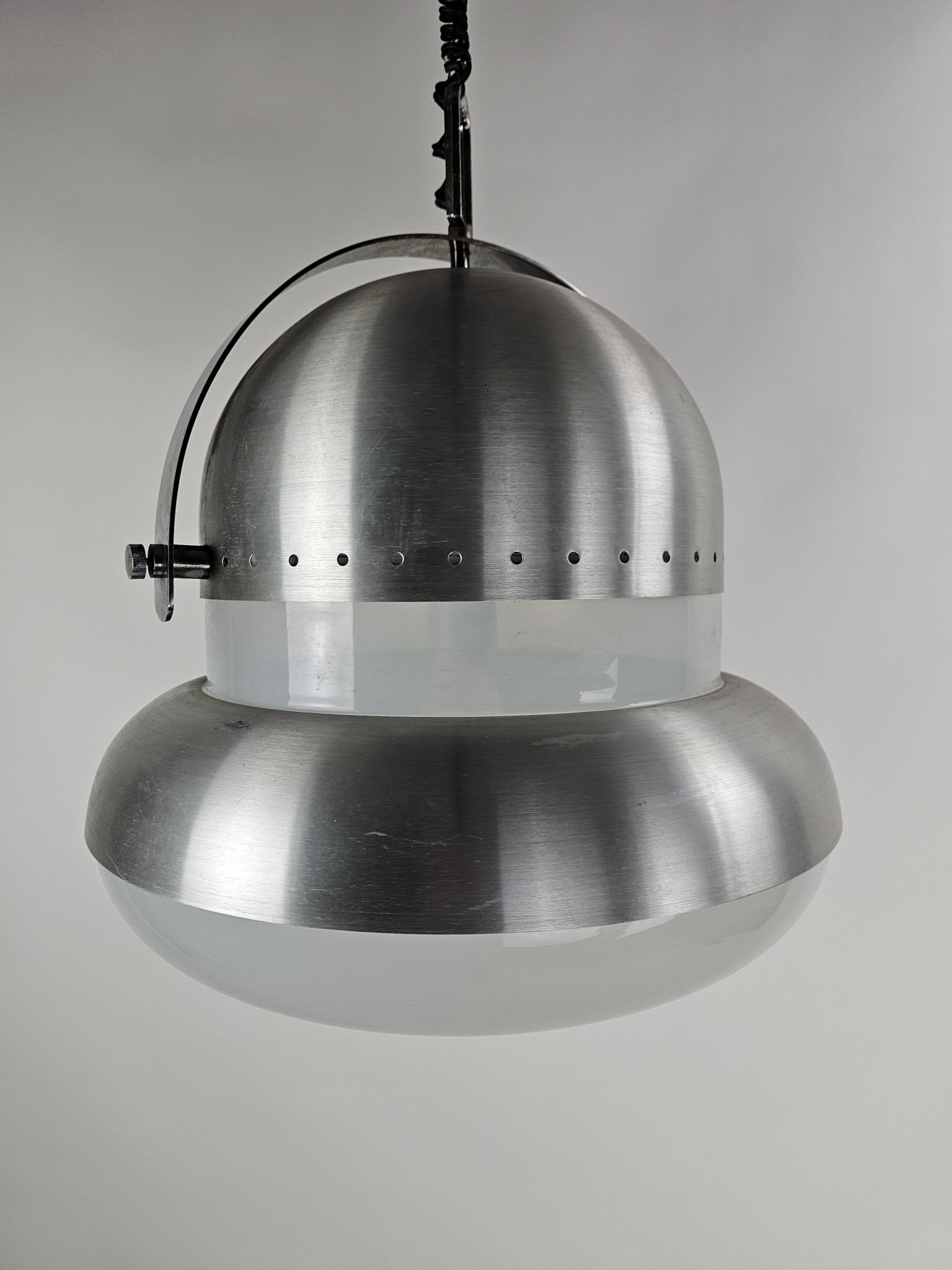 Large pendant lamp in brushed metal and opaline glass, Italy 1970s