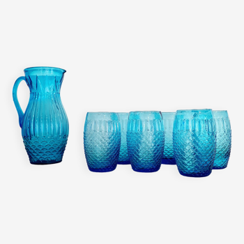 Ensemble pichet et 6 verres années 50/60 bleu