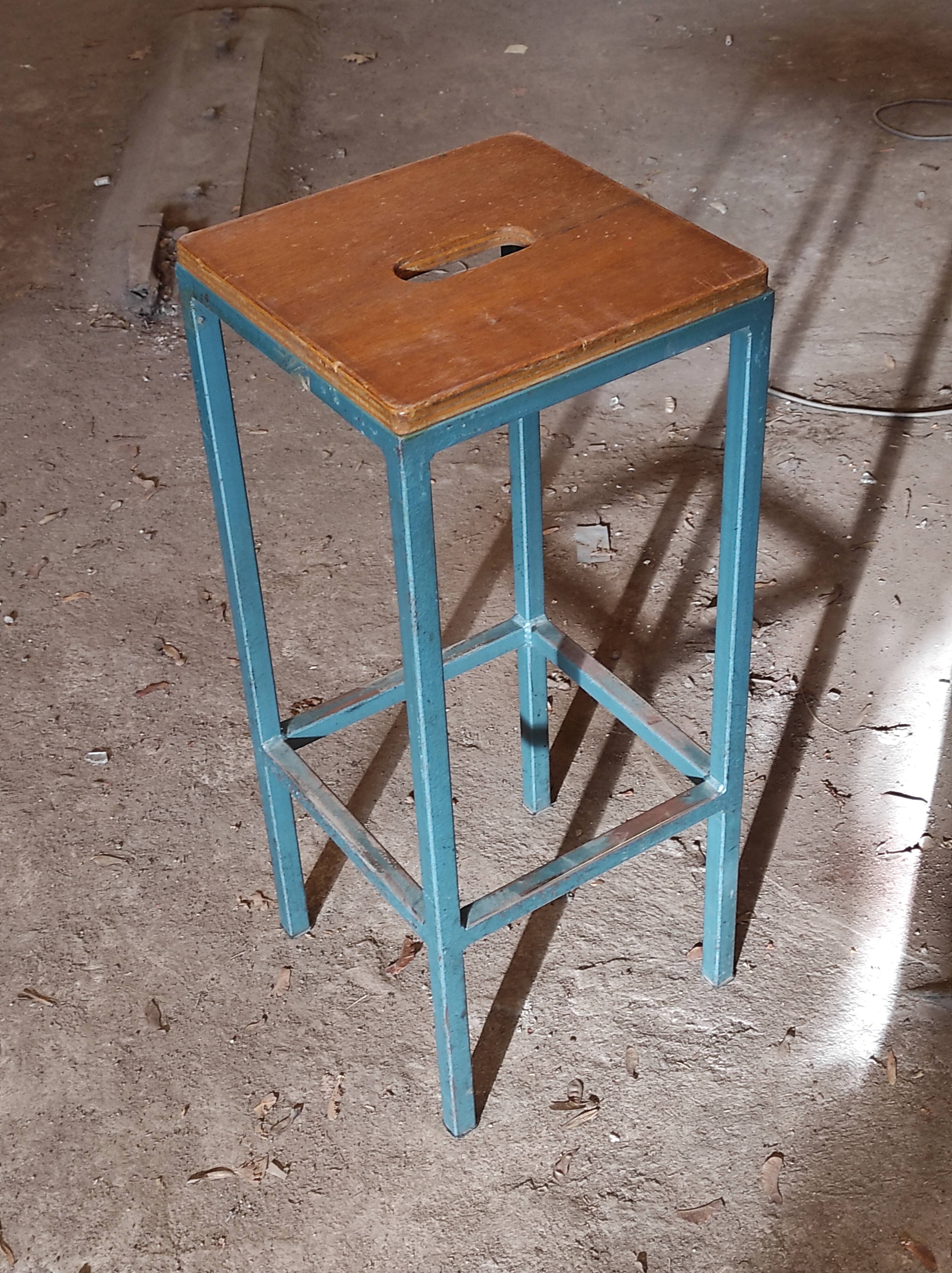 Blue metal workshop stool and industrial wood height 66 cm