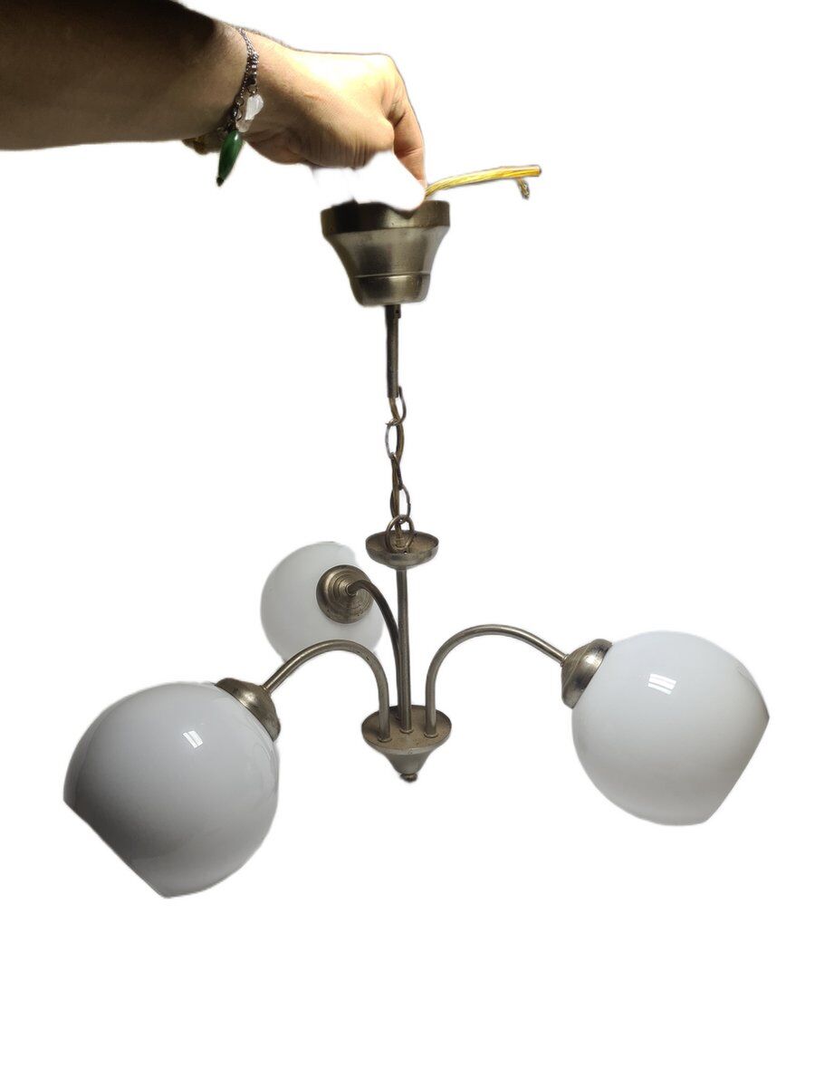 Art Deco glass and brass chandelier, Poland, 1970s