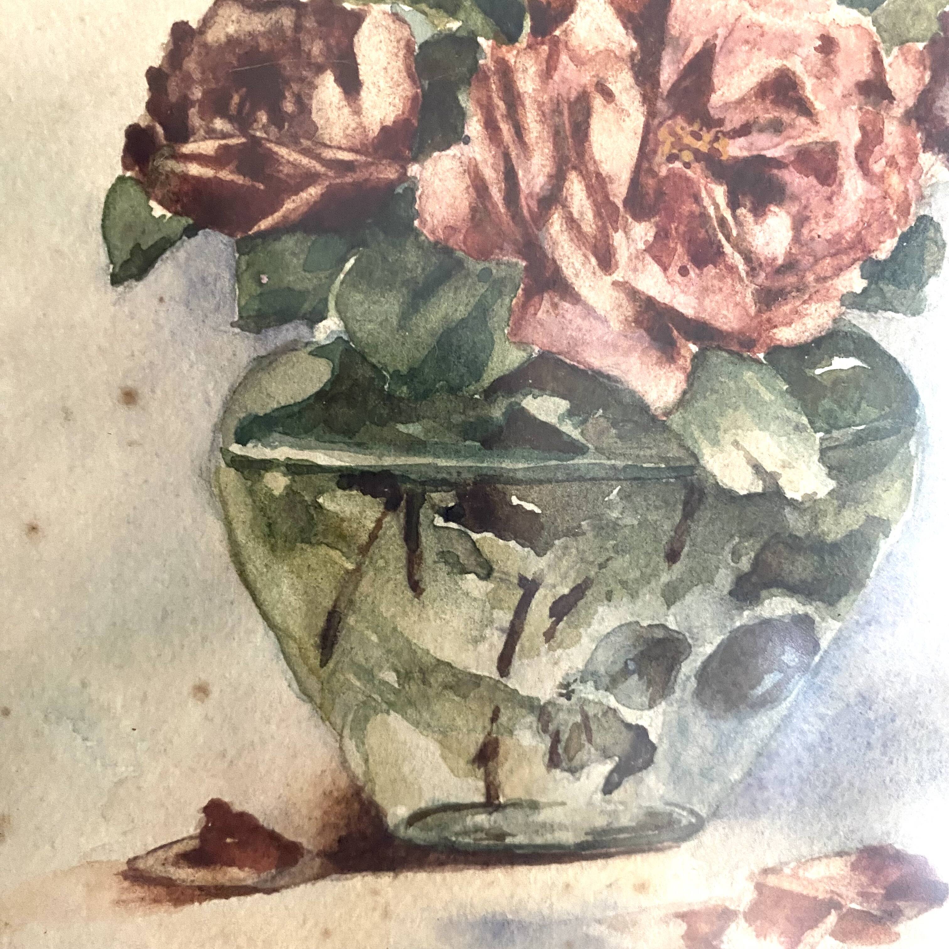 Aquarelle ancienne bouquet de roses