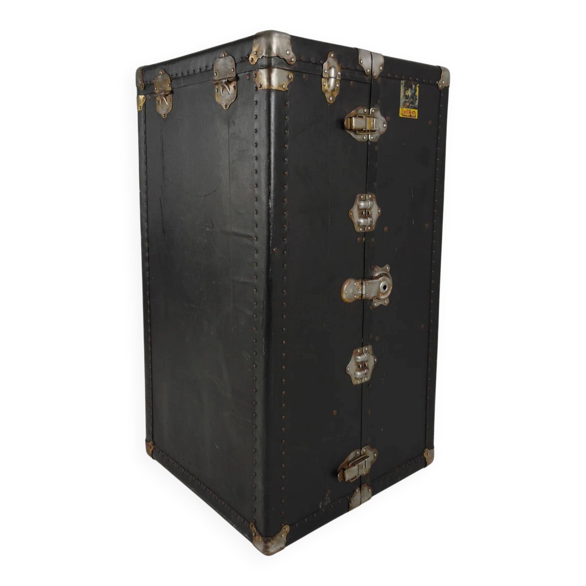 Antique 1924 Belber black leather steamer trunk - large travel wardrobe