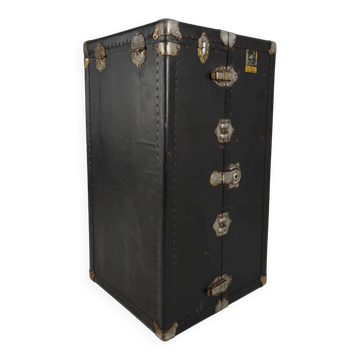 Malle de voyage Belber ancienne de 1924 en cuir noir - grande armoire de voyage