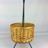 Black metal rattan trash can on 1960